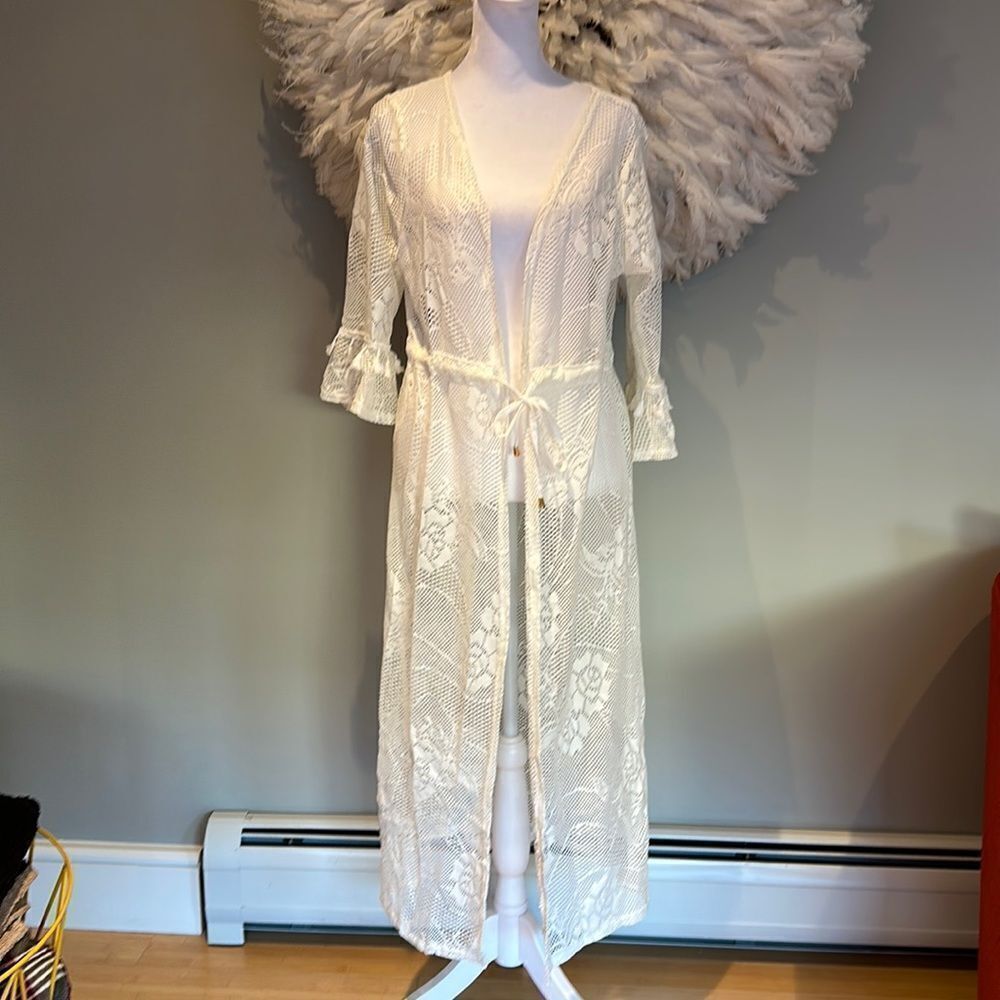 Women's Ivory Crochet Lace Swim Coverup Kimono